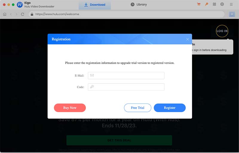 Interface of Kigo Hulu Video Downloader for Mac