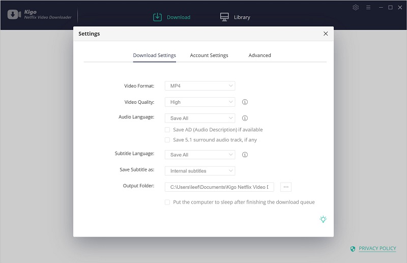 output settings